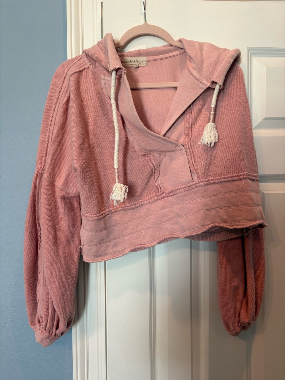 C&V Washed Rose Cropped Hoodie with Tassel Drawcords